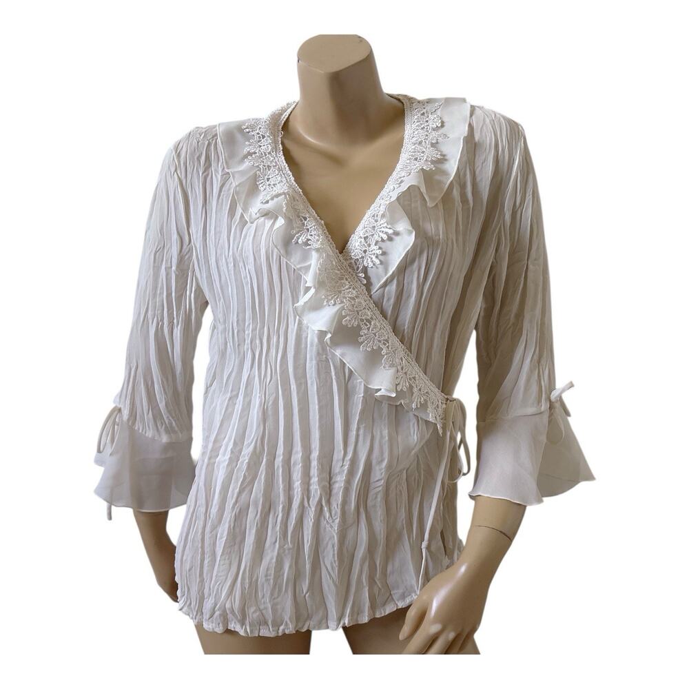 Piano Wrap Blouse Womens Large White Ruffle Lace Crinkle 3/4 Bell Sleeve Tie